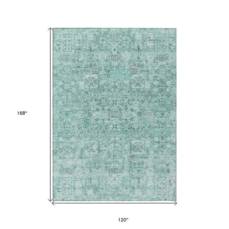 10' X 14' Teal Blue Aqua And Gray Floral Washable Indoor Outdoor Area Rug