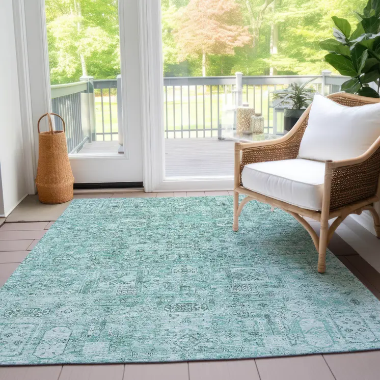 10' X 14' Teal Blue Aqua And Gray Floral Washable Indoor Outdoor Area Rug