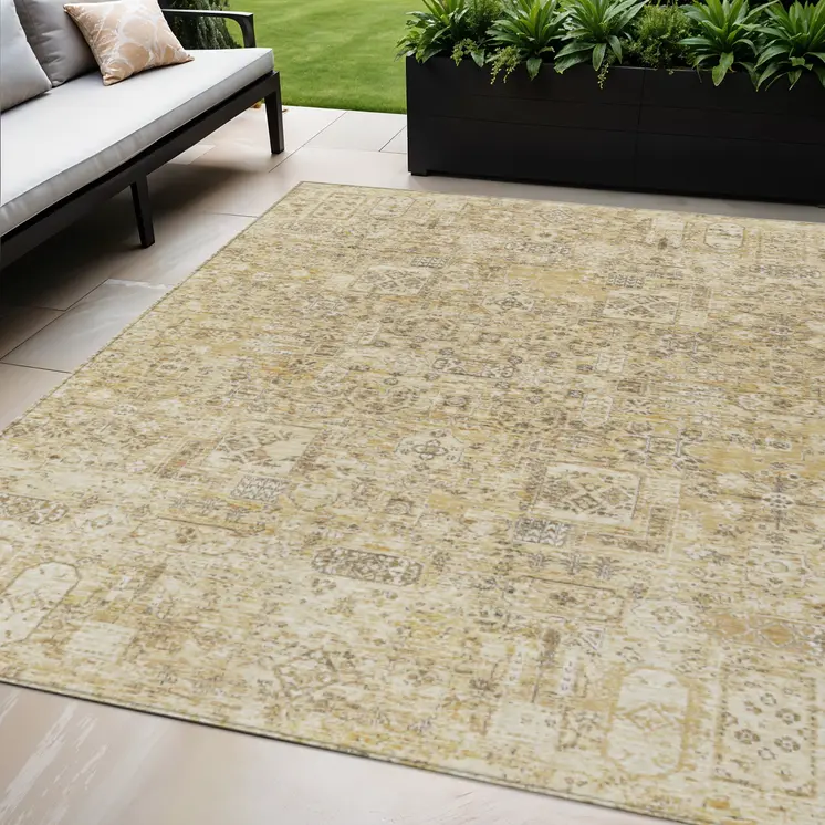 5' X 8' Wheat Beige And Gray Floral Washable Indoor Outdoor Area Rug