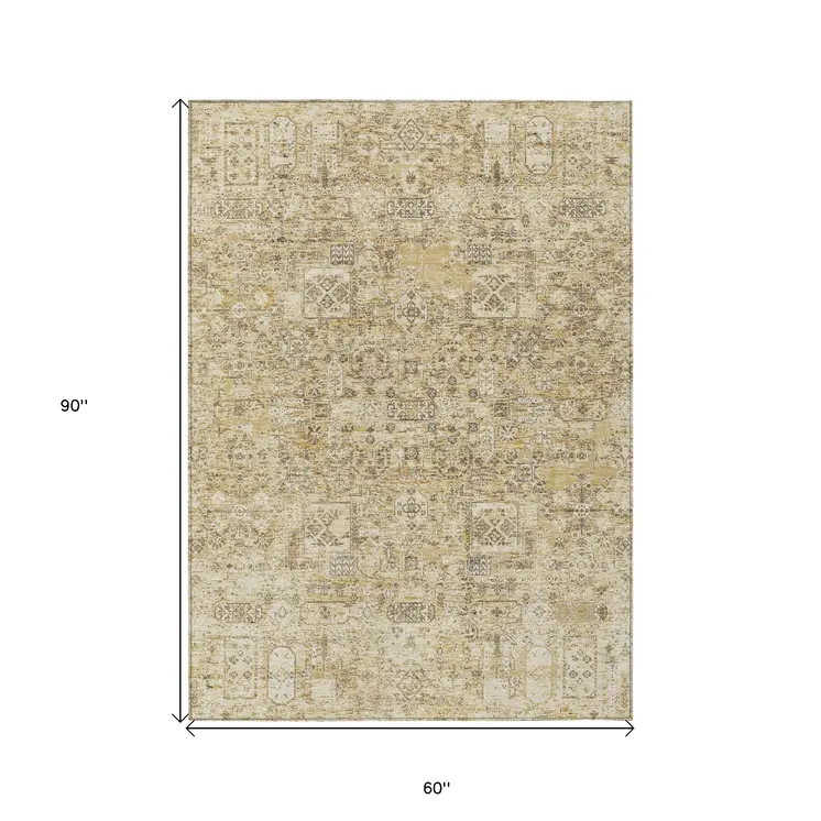 5' X 8' Wheat Beige And Gray Floral Washable Indoor Outdoor Area Rug