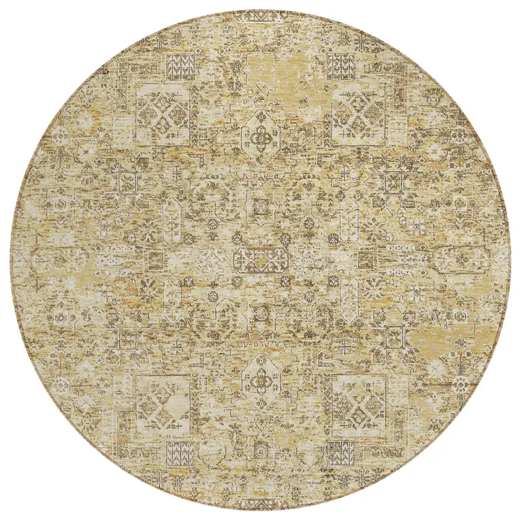 8' Wheat Beige And Gray Round Floral Washable Indoor Outdoor Area Rug