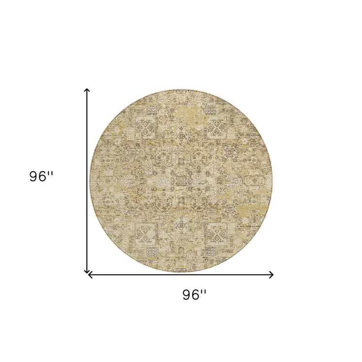 8' Wheat Beige And Gray Round Floral Washable Indoor Outdoor Area Rug
