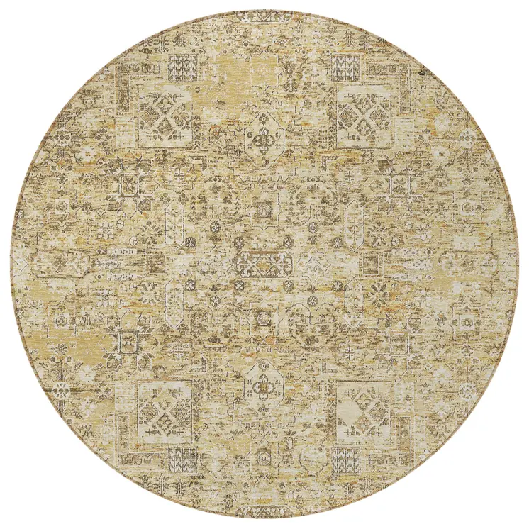 8' Wheat Beige And Gray Round Floral Washable Indoor Outdoor Area Rug