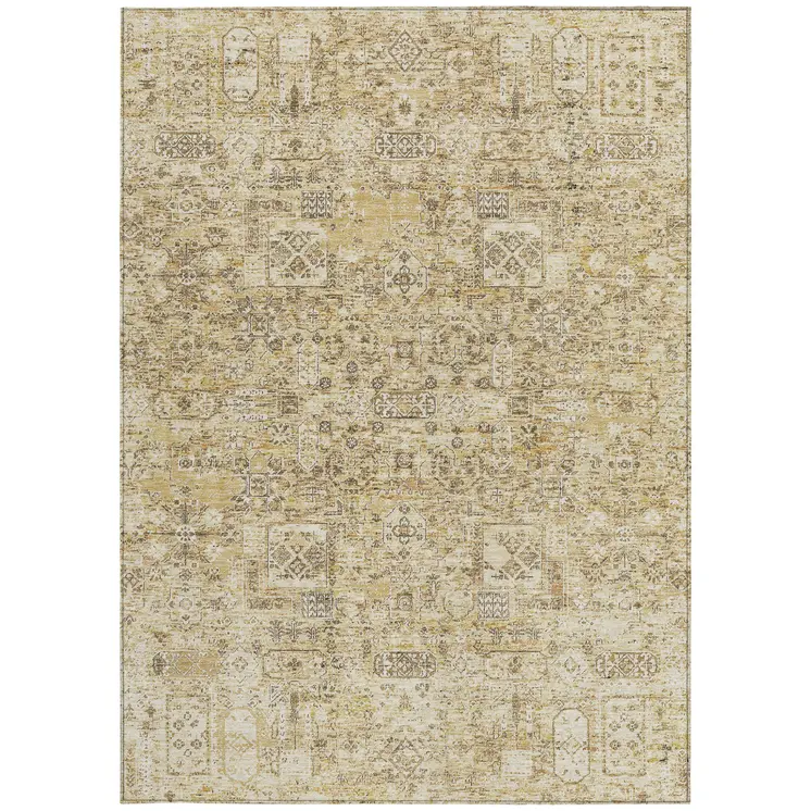 8' X 10' Wheat Beige And Gray Floral Washable Indoor Outdoor Area Rug