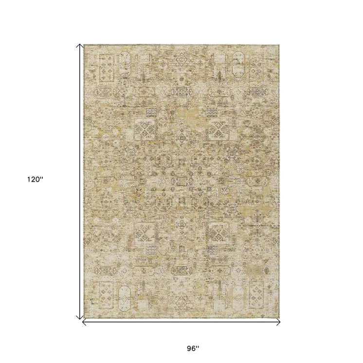 8' X 10' Wheat Beige And Gray Floral Washable Indoor Outdoor Area Rug