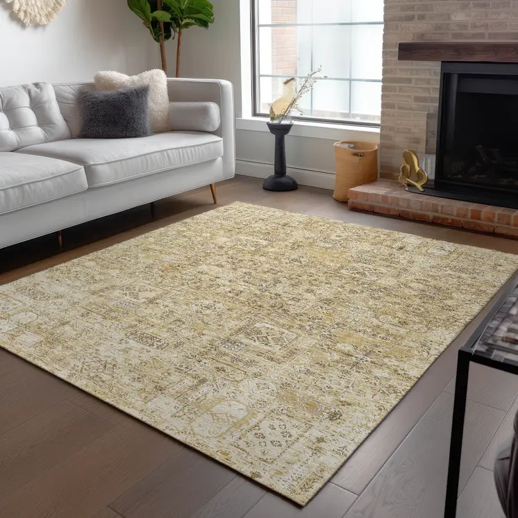 8' X 10' Wheat Beige And Gray Floral Washable Indoor Outdoor Area Rug