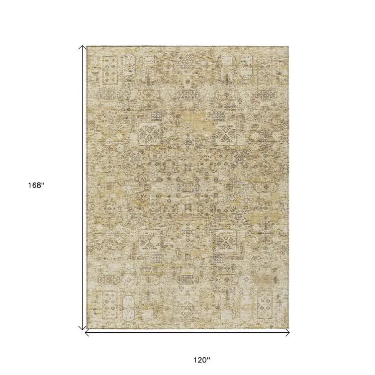 10' X 14' Wheat Beige And Gray Floral Washable Indoor Outdoor Area Rug