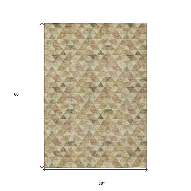 3' X 5' Beige Tan And Taupe Geometric Washable Indoor Outdoor Area Rug