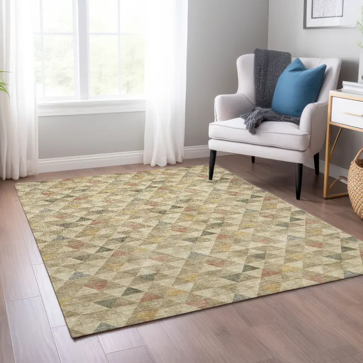 3' X 5' Beige Tan And Taupe Geometric Washable Indoor Outdoor Area Rug