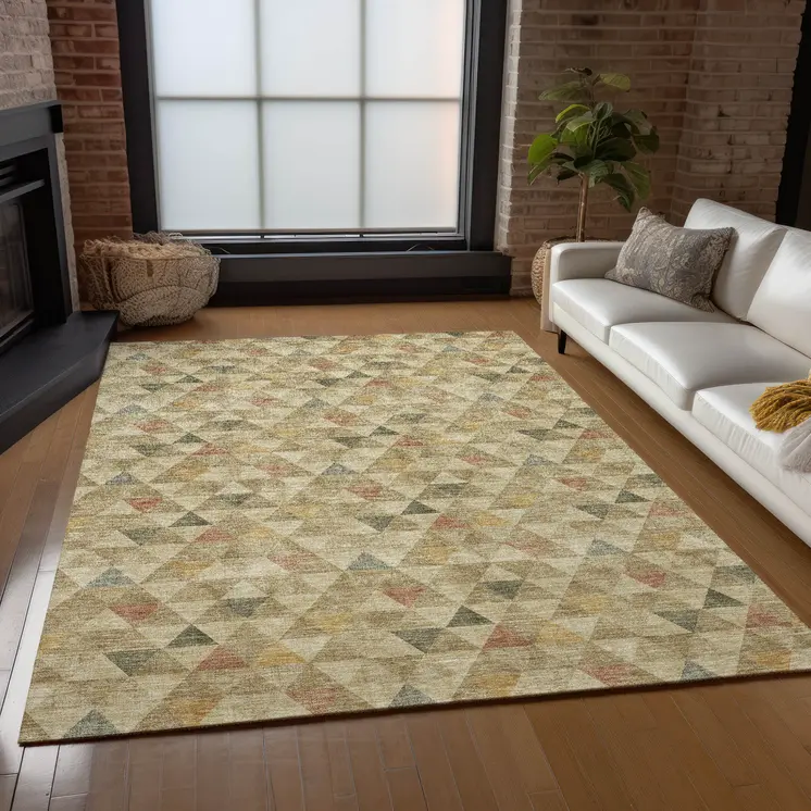 3' X 5' Beige Tan And Taupe Geometric Washable Indoor Outdoor Area Rug