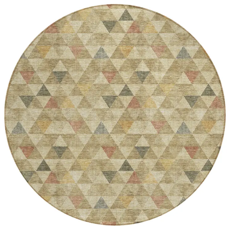 8' Beige Tan And Taupe Round Geometric Washable Indoor Outdoor Area Rug