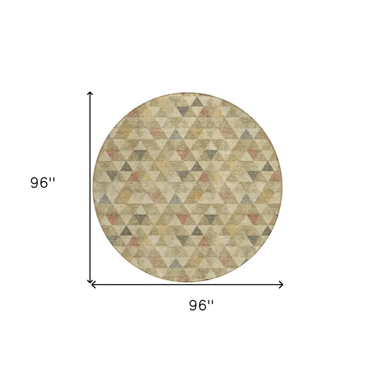 8' Beige Tan And Taupe Round Geometric Washable Indoor Outdoor Area Rug