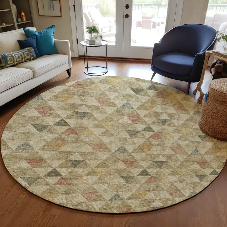 8' Beige Tan And Taupe Round Geometric Washable Indoor Outdoor Area Rug