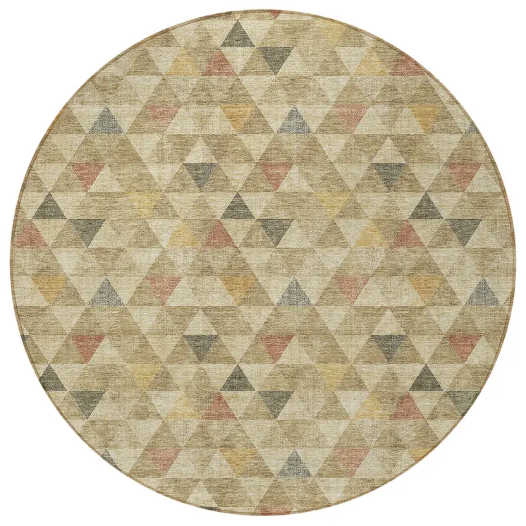 8' Beige Tan And Taupe Round Geometric Washable Indoor Outdoor Area Rug
