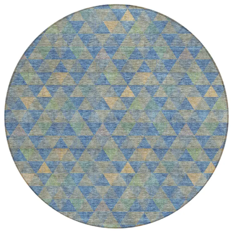 8' Sky Blue And Gray Round Geometric Washable Indoor Outdoor Area Rug