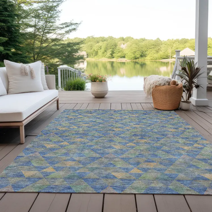 8' X 10' Sky Blue And Gray Geometric Washable Indoor Outdoor Area Rug