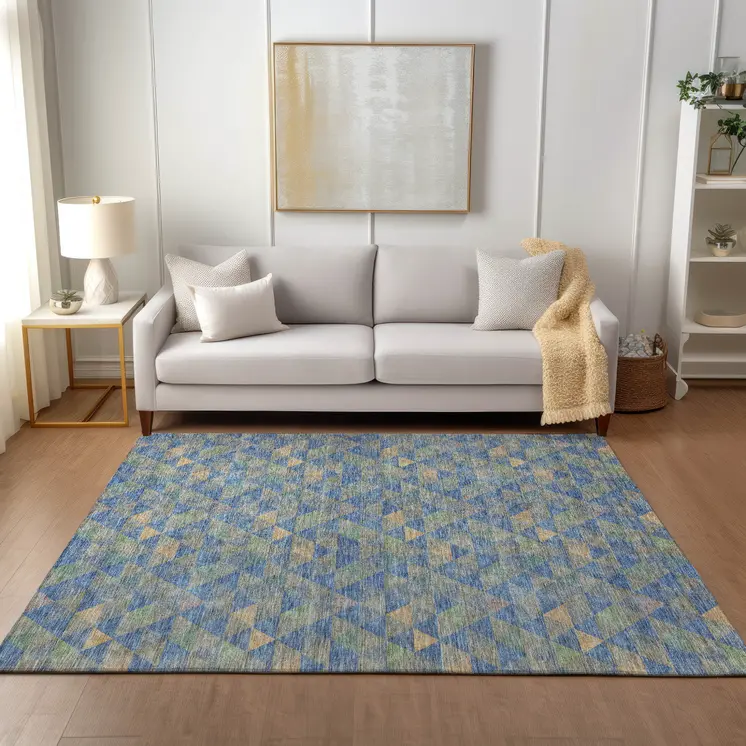 8' X 10' Sky Blue And Gray Geometric Washable Indoor Outdoor Area Rug