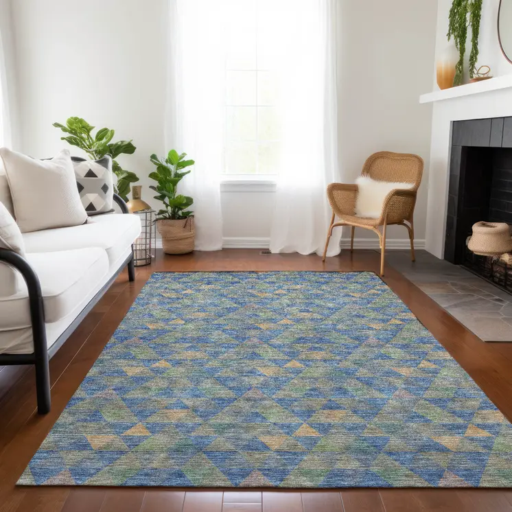 8' X 10' Sky Blue And Gray Geometric Washable Indoor Outdoor Area Rug