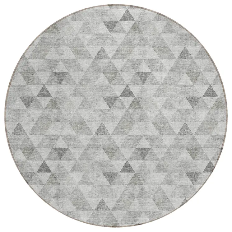 8' Silver Beige And Taupe Round Geometric Washable Indoor Outdoor Area Rug
