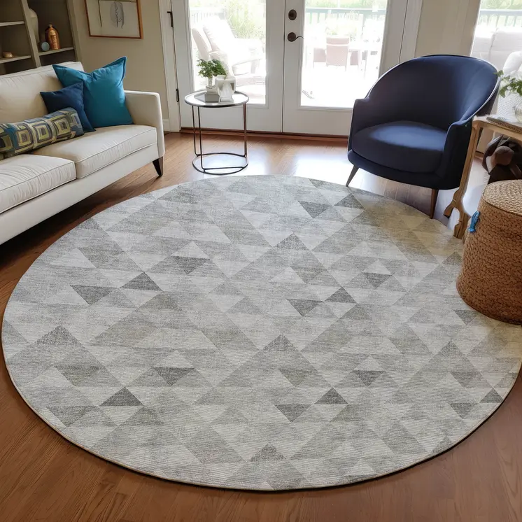 8' Silver Beige And Taupe Round Geometric Washable Indoor Outdoor Area Rug