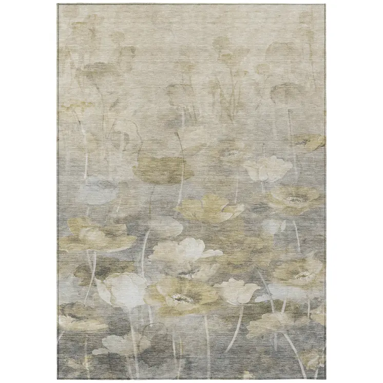 3' X 5' Beige Taupe And Wheat Floral Washable Indoor Outdoor Area Rug