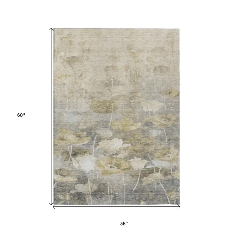 3' X 5' Beige Taupe And Wheat Floral Washable Indoor Outdoor Area Rug