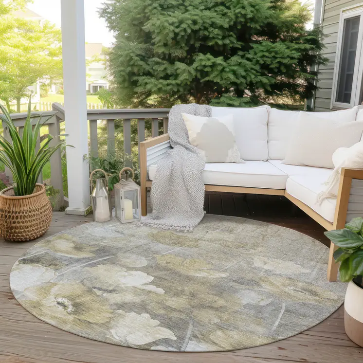 8' Beige Taupe And Wheat Round Floral Washable Indoor Outdoor Area Rug