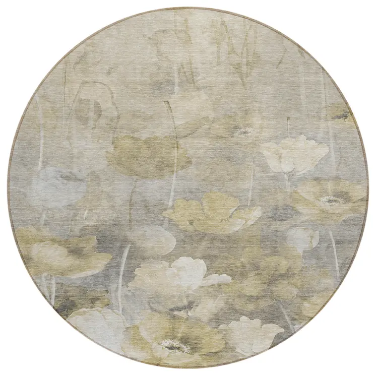 8' Beige Taupe And Wheat Round Floral Washable Indoor Outdoor Area Rug