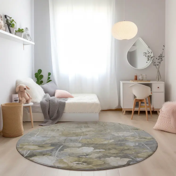 8' Beige Taupe And Wheat Round Floral Washable Indoor Outdoor Area Rug