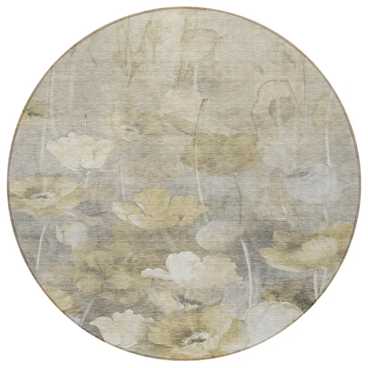 8' Beige Taupe And Wheat Round Floral Washable Indoor Outdoor Area Rug