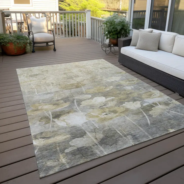 9' X 12' Beige Taupe And Wheat Floral Washable Indoor Outdoor Area Rug