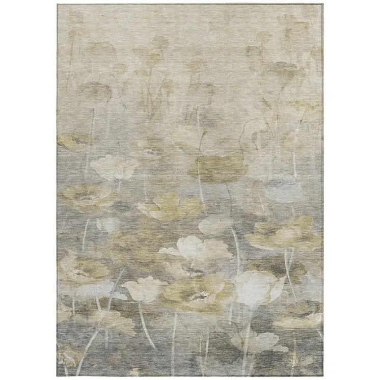 10' X 14' Beige Taupe And Wheat Floral Washable Indoor Outdoor Area Rug