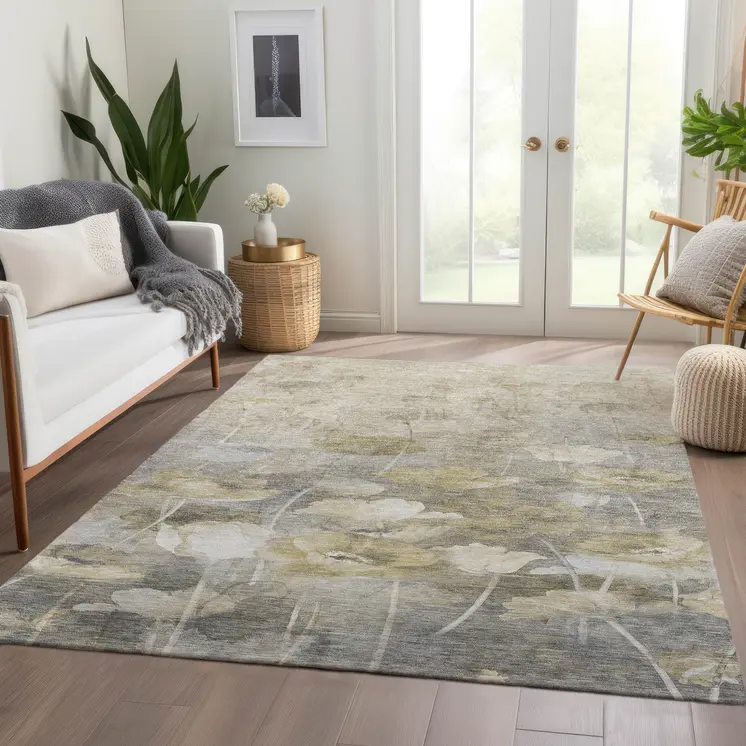 10' X 14' Beige Taupe And Wheat Floral Washable Indoor Outdoor Area Rug