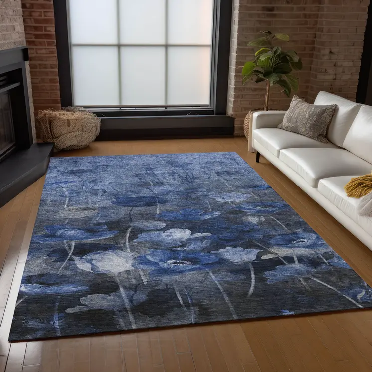 5' X 8' Navy Blue And Denim Blue Floral Washable Indoor Outdoor Area Rug
