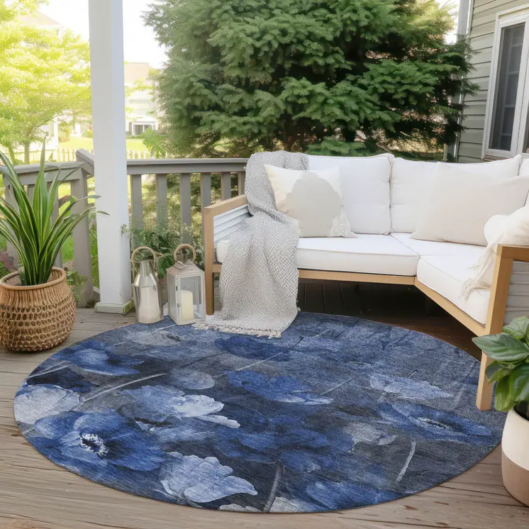 8' Navy Blue And Denim Blue Round Floral Washable Indoor Outdoor Area Rug
