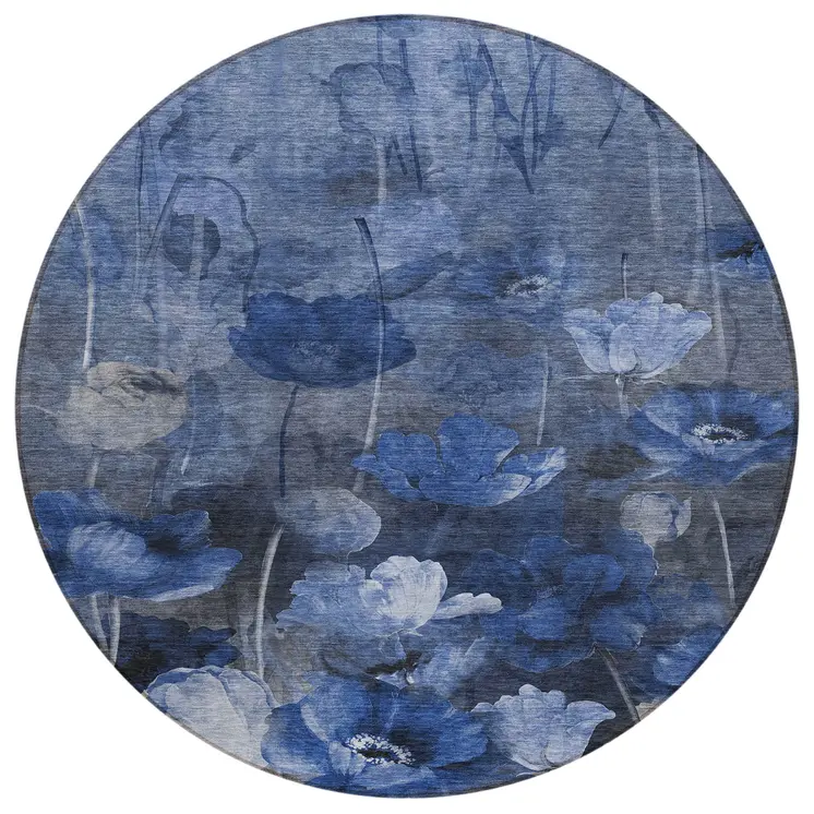 8' Navy Blue And Denim Blue Round Floral Washable Indoor Outdoor Area Rug