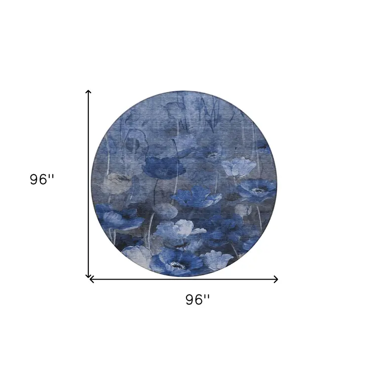 8' Navy Blue And Denim Blue Round Floral Washable Indoor Outdoor Area Rug