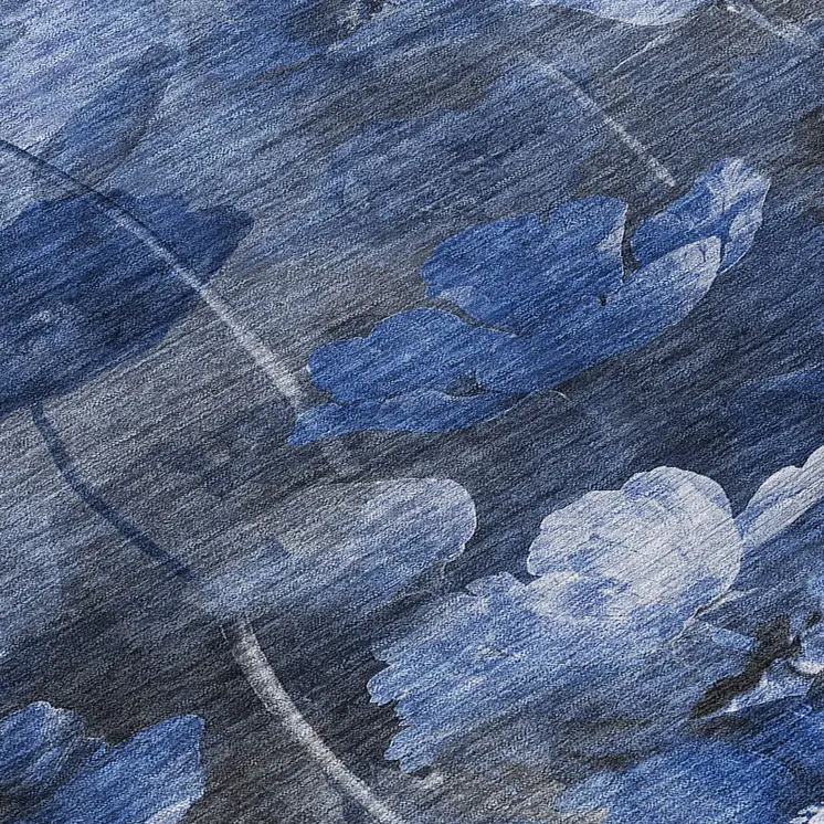 8' Navy Blue And Denim Blue Round Floral Washable Indoor Outdoor Area Rug