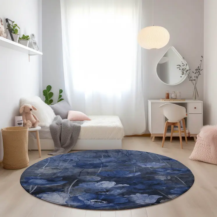 8' Navy Blue And Denim Blue Round Floral Washable Indoor Outdoor Area Rug