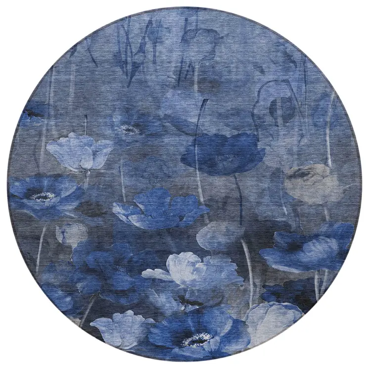 8' Navy Blue And Denim Blue Round Floral Washable Indoor Outdoor Area Rug