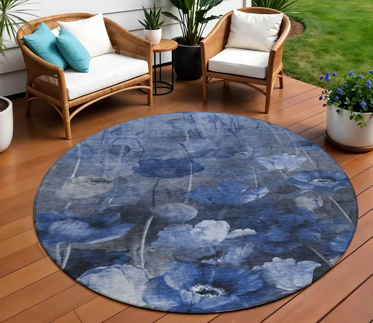 8' Navy Blue And Denim Blue Round Floral Washable Indoor Outdoor Area Rug