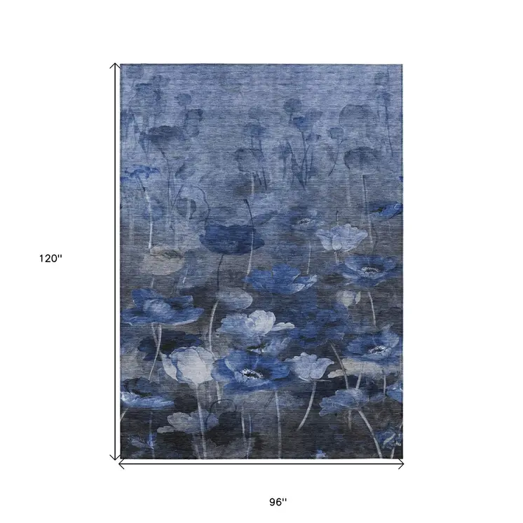 8' X 10' Navy Blue And Denim Blue Floral Washable Indoor Outdoor Area Rug