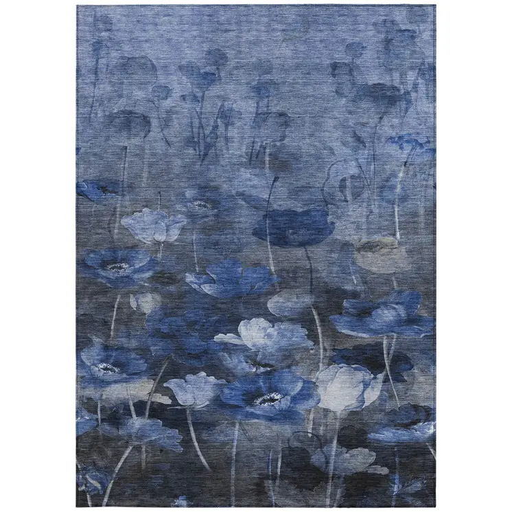 9' X 12' Navy Blue And Denim Blue Floral Washable Indoor Outdoor Area Rug