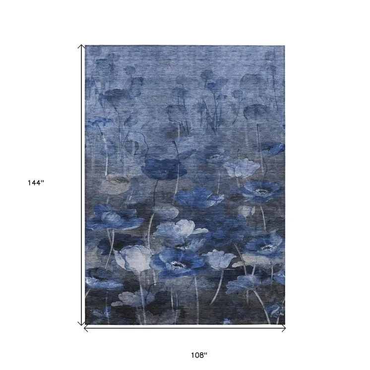 9' X 12' Navy Blue And Denim Blue Floral Washable Indoor Outdoor Area Rug