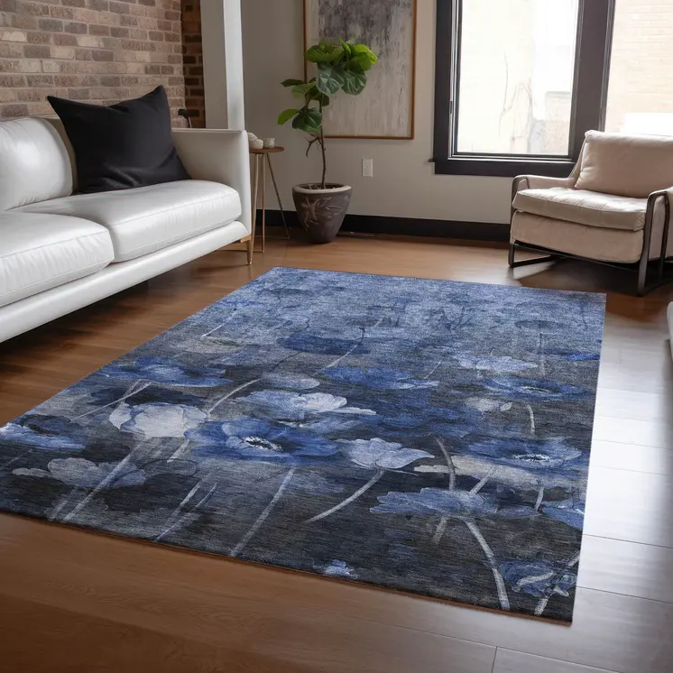 9' X 12' Navy Blue And Denim Blue Floral Washable Indoor Outdoor Area Rug