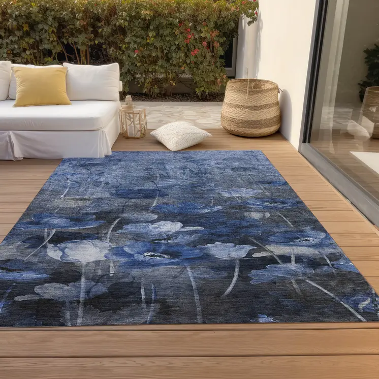 9' X 12' Navy Blue And Denim Blue Floral Washable Indoor Outdoor Area Rug