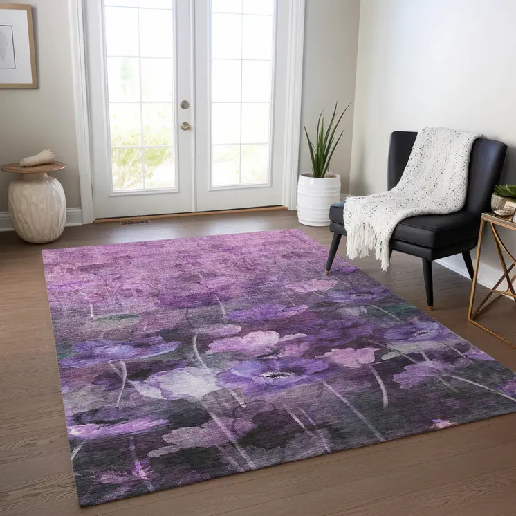 3' X 5' Purple Eggplant And Lavender Floral Washable Indoor Outdoor Area Rug