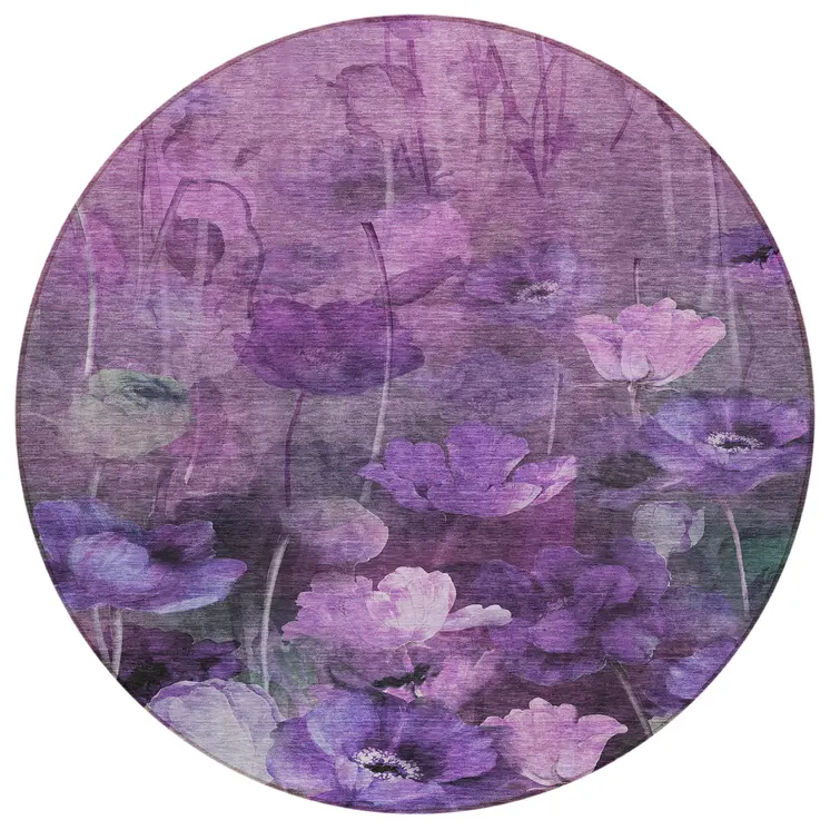 8' Purple Eggplant And Lavender Round Floral Washable Indoor Outdoor Area Rug