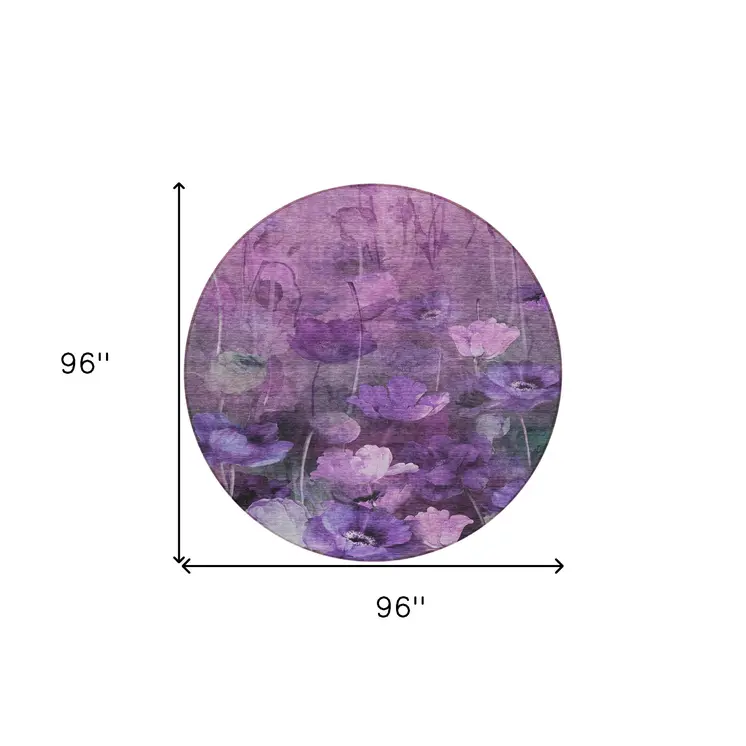 8' Purple Eggplant And Lavender Round Floral Washable Indoor Outdoor Area Rug