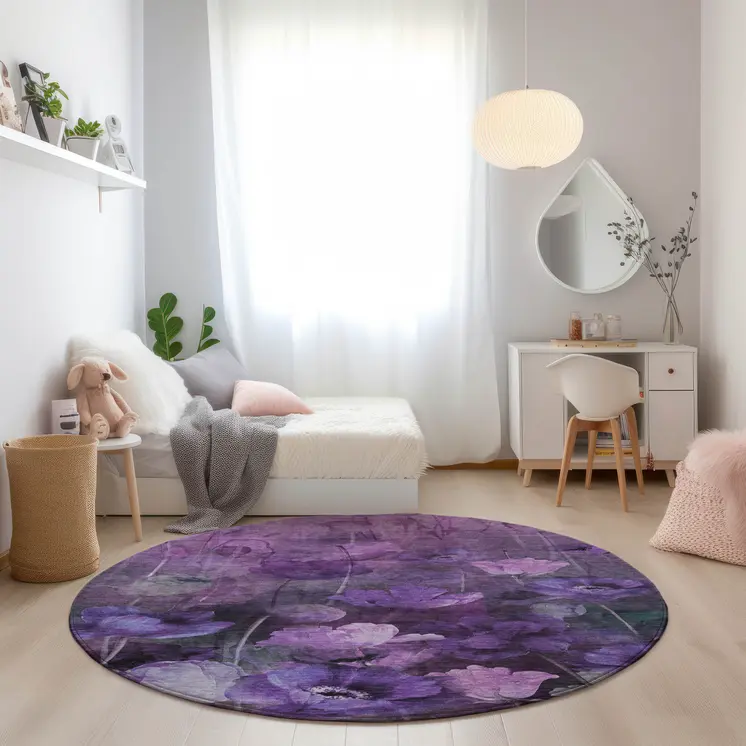 8' Purple Eggplant And Lavender Round Floral Washable Indoor Outdoor Area Rug